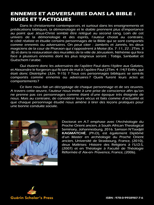 Title details for Ennemis et Adversaire dans la Bible by Samson N'Taadjèl KAGMATCHÉ - Wait list